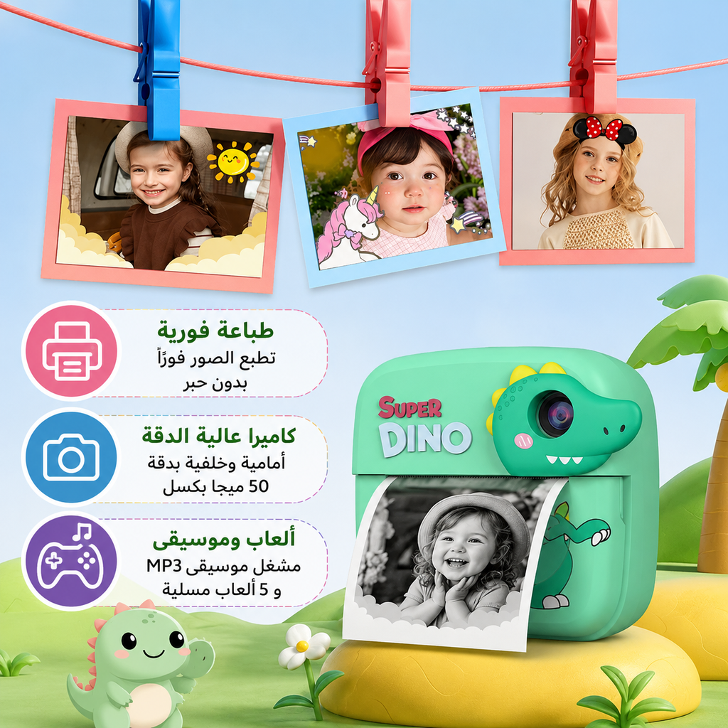 كاميرا تصوير  بتصميم  ديناصور بطباعة فورية حرارية مع شاشة اتش دي مع موسيقى و العاب