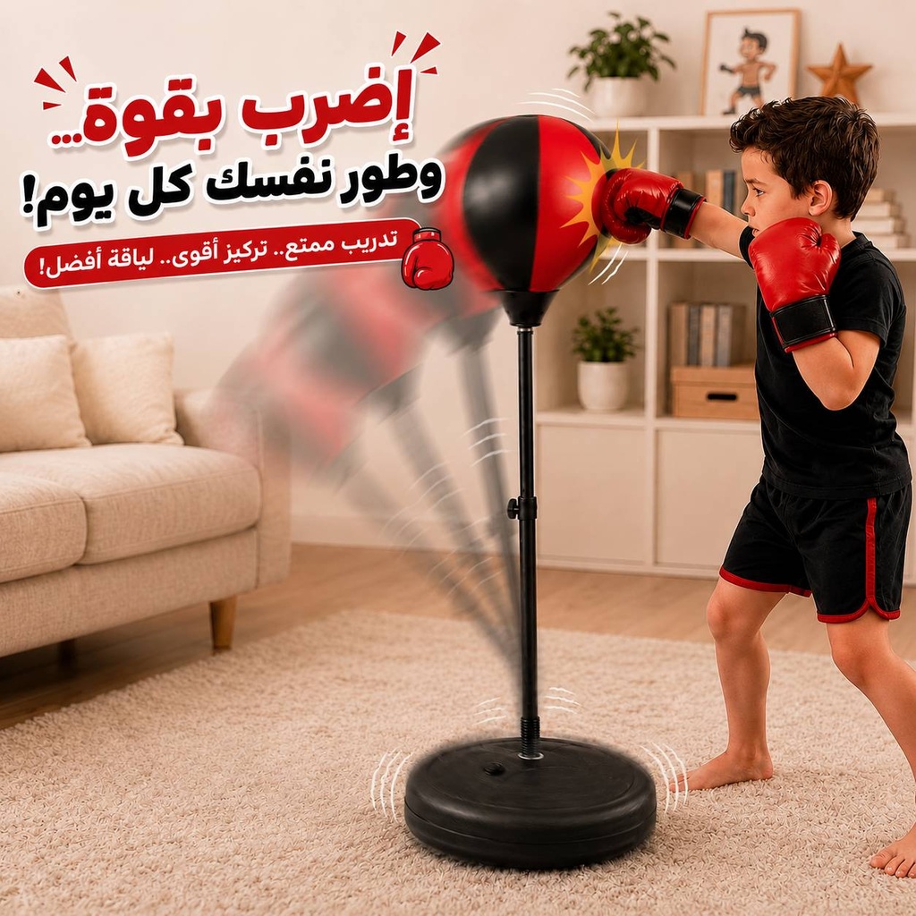 كرة بوكسينج للأطفال وقفازات مع قاعدة ثابتة وارتفاع قابل للتعديل