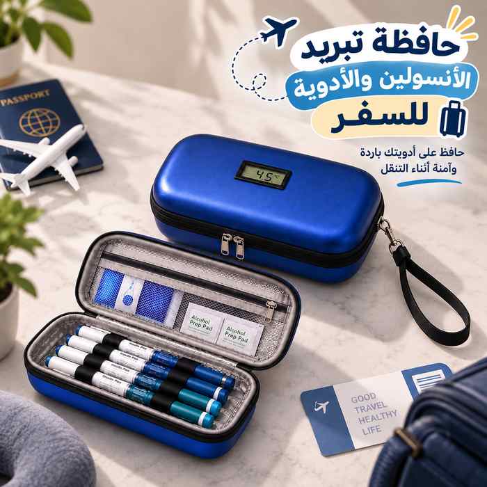 حافظة تبريد الأنسولين والأدوية للسفر مع شاشة ديجيتال لقياس درجة الحرارة و2 آيس باك