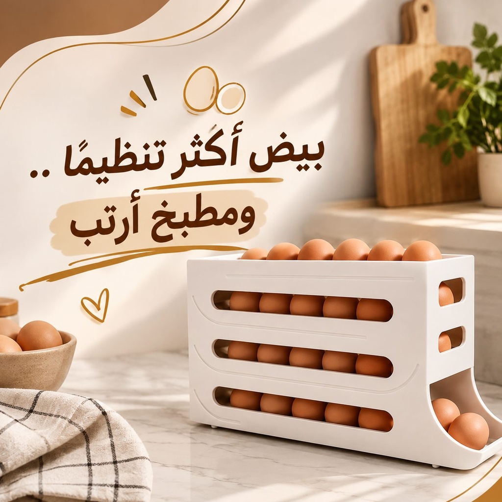 حامل ومنظم لتخزين البيض ذاتي التنظيم للثلاجة بتصميم مائل
