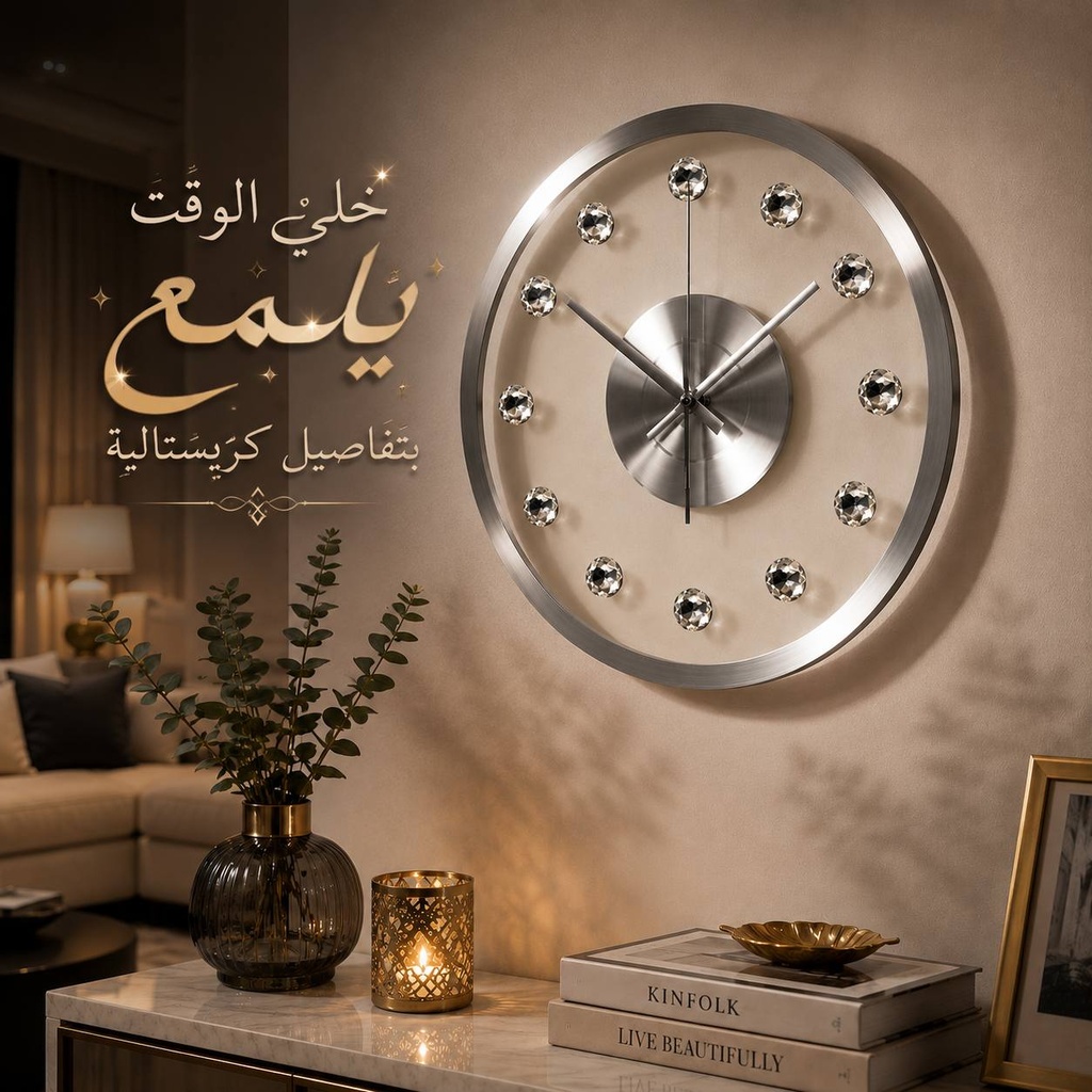 ساعة حائط ميتال مزينة بفصوص كريستال قطر 30 سم