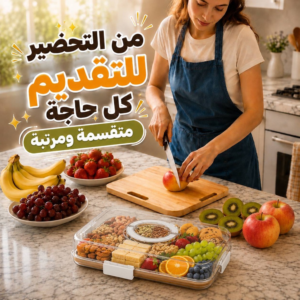 طبق تقديم خشب بامبو مقسم 6 خانات بغطاء أكريليك محكم للتسالي والمكسرات