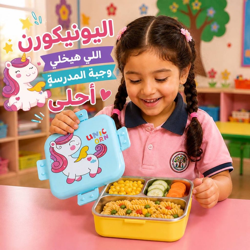 لانش بوكس أطفال يونيكورن دورين استانلس مقسم 3 خانات مع معلقة