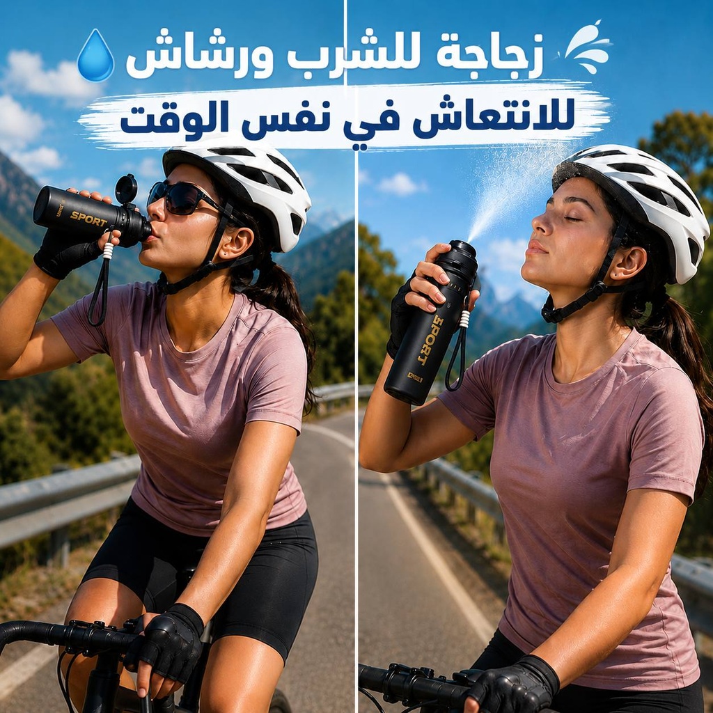 زجاجة مياه 2 في 1 للشرب والرش سعة 750 مل بغطاء محكم وميدالية للحمل