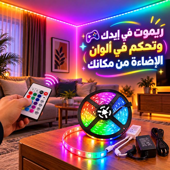 شريط ليد RGB متعدد الألوان بطول 5 متر مع ريموت كنترول ولاصق دبل فيس