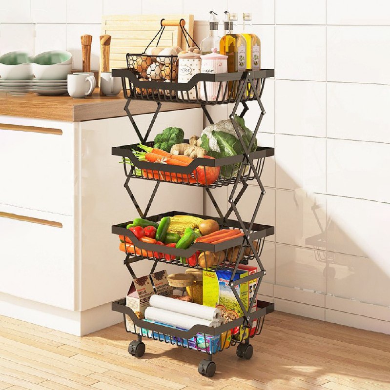 استاند معدني 4 دور قابل للطي منظم لادوات المطبخ والحمام بعجلات لسهولة الحركة