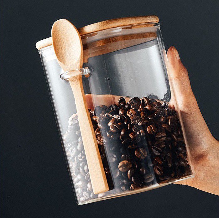 برطمان زجاج 1 لتر غطاء خشب ومعلقة لحفظ البقوليات والكورن فليكس والمكسرات ‏