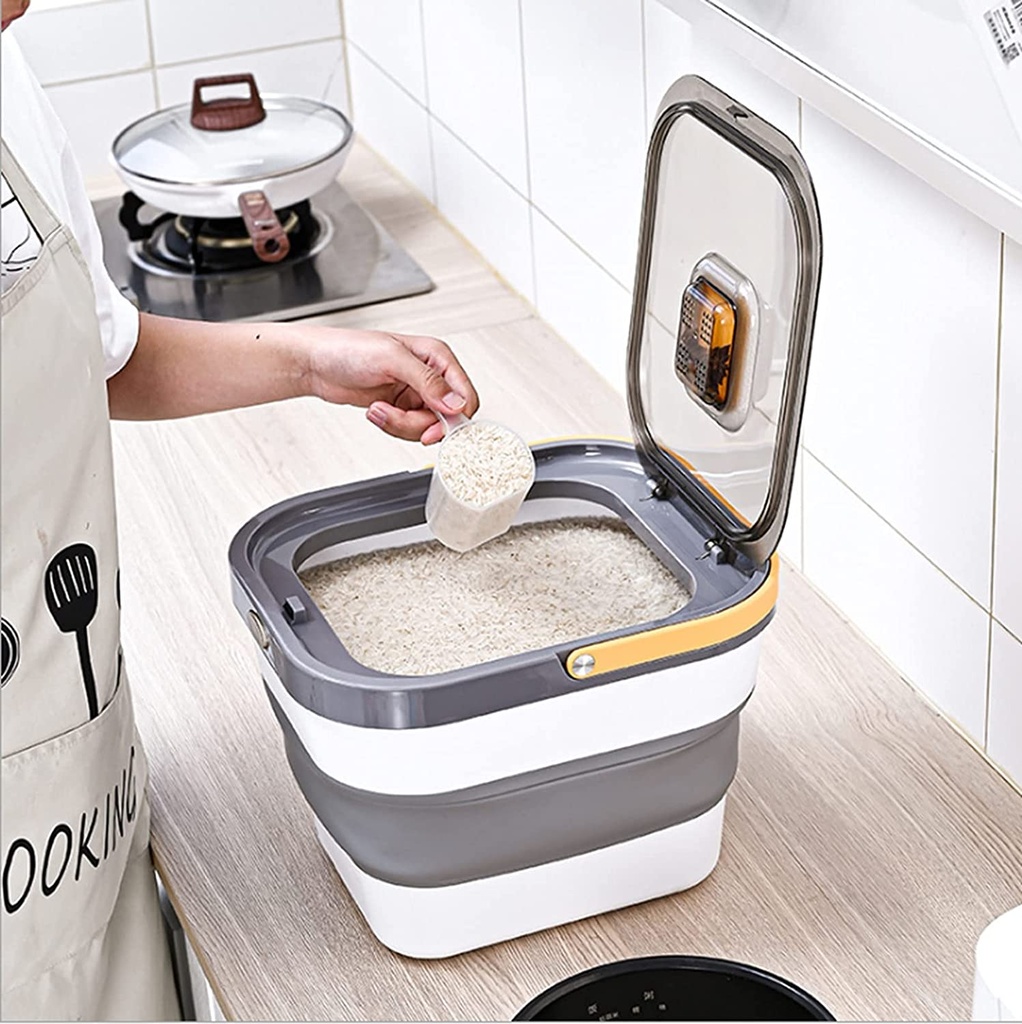 علبة تخزين للأرز والحبوب والبقوليات سيليكون قابل للطي بغطاء محكم الغلق ويد 15 لتر