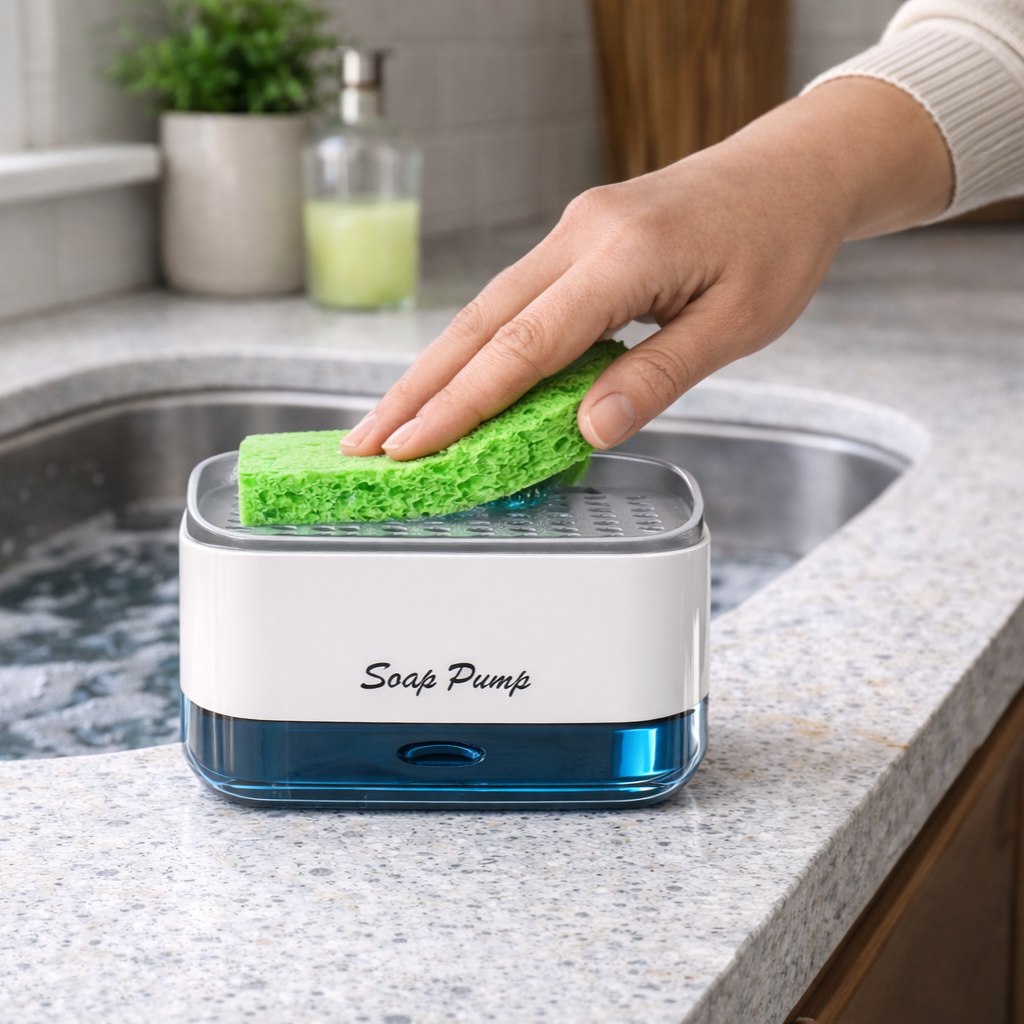 ديسبنسر صابون يدوي لغسيل الصحون والاطباق مع اسفنجة عملي وسهل الاستخدام