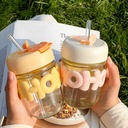 Cute glass double drinking cup with Lid &amp; Straw &amp;  for Water &amp; Juice 400 ml