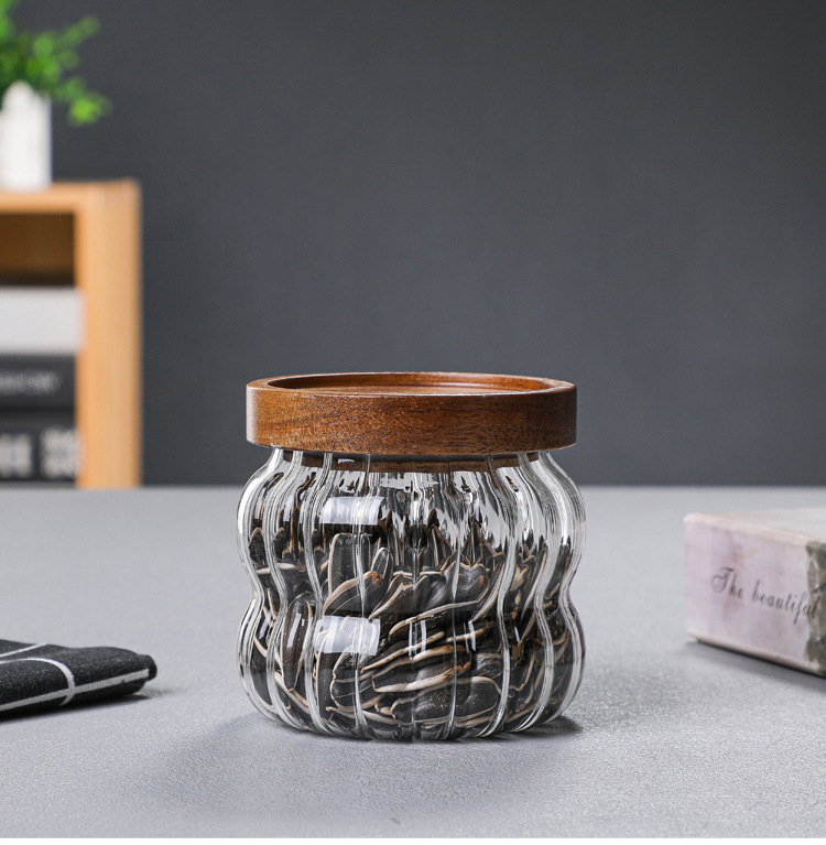 برطمان زجاج مضلع 350 ملي غطاء خشب محكم الغلق لحفظ وتخزين التوابل والشاي والسكر والقهوة