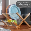 مطبقية 2 رف استانليس ستيل بحوامل خشب لحمل وتجفيف الأطباق والأواني قابلة للطي وسهلة التظيف