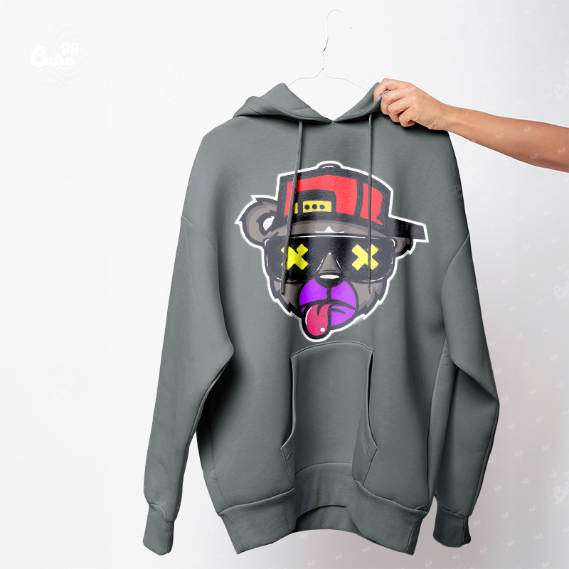 Bear Graffiti هودي اوفر سايز قطن  باللون الرمادي للرجال