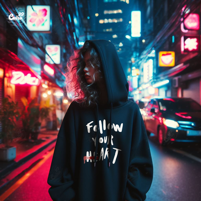 Follow Your Heart هودي اوفر سايز قطن باللون الأسود