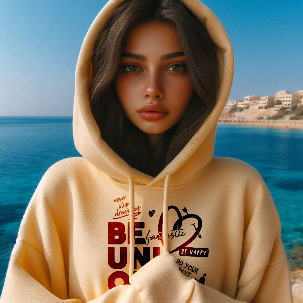 Be Happy هودي اوفر سايز قطن باللون البيج