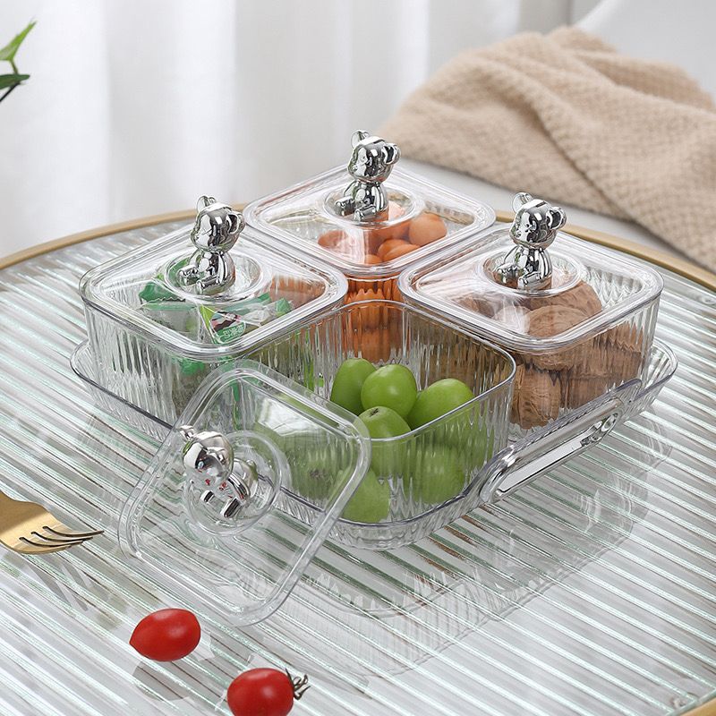 طقم تسالي اكليريك 4 قطع بغطاء دبدوب مع صينية بيد لتقديم الكاندي والمكسرات والشوكلاته بشكل شيك