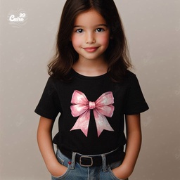 Pink Bow تيشيرت اطفال قطن باللون الاسود