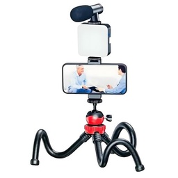 [HH00017597] ترايبود بحامل ثلاثي مرن بتصميم اخطبوطي برأس كروية تدور 360 درجة مع مايك وإضاءة للتصوير