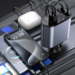 [HH00018341] شاحن سيارة سريع للموبايلات 4*1 بكابلات قابلة للسحب ومنفذ يو اس بي - 120 واط