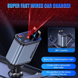 [HH00018342] شاحن سيارة 4×1 مع ضوء ليد وكابلات قابلة للسحب ومنفذ يو اس بي _ 120 واط