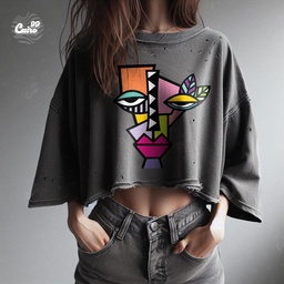 Pop art face portrait كروب توب اوفر سايز باللون الرمادي المحجر