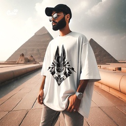 Egyptian Anubis Vintage  تيشيرت اوفر سايز قطن باللون الابيض للرجال