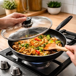 [HH00018851] طاسة تيفلون بغطاء زجاجي بمقبض لسهولة الحمل - مقاس 28 سم