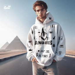 Touches of Pharaonic symbols هودي اوفر سايز قطن باللون الأبيض