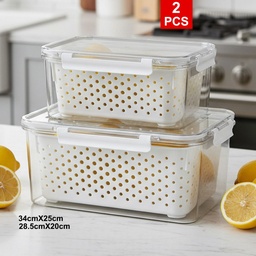 [HH00019899] طقم علب تلاجة اكريليك بغطاء محكم الغلق بمصفاة منفصلة  وفتحات تهوية لحفظ الخضروات والفواكه قطعتين