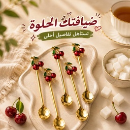 [HH00036241] طقم معالق ميني جولد مزينة بكريز للحلويات والمشروبات 4 قطع