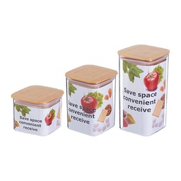 [HH00004027] طقم علب اكليريك 3 قطع بمقاسات مختلفة لحفظ وتخزين الارز والحبوب والبقوليات بغطاء شكل خشبي محكم الغلق