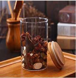 [HH00004055] علبة دائرية من الاكليريك بغطاء خشبي لحفظ وتنظيم الحبوب والبقوليات الشفاف 1.5 لتر