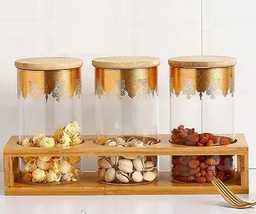 [HH00004540] طقم برطمانات لحفظ وتنظيم البقوليات والتوابل والمكسرات والكاندي 3 قطع مع حامل خشبي من الزجاج