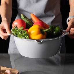 [HH00006193] مصفي استانليس ستيل بطبق بلاستيك لغسيل الخضروات والفواكه بيد لسهولة الحمل