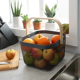 [HH00006497] سلة حمل وتنظيم الفواكة والملابس وادوات العناية بالشعر والبشرة معدن غير قابل للصدأ بيد خشب متحركة