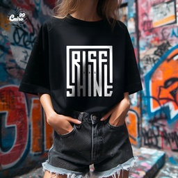 Rise and Shine تيشيرت اوفر سايز قطن باللون الأسود للنساء