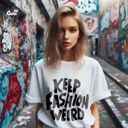 Keep Fashion Weird  تيشيرت اوفر سايز قطن باللون الابيض للنساء