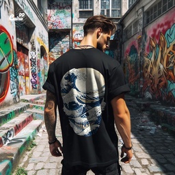 Great Wave Skull  تيشيرت اوفر سايز قطن باللون الاسود للرجال