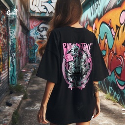 Back in Time تيشيرت اوفر سايز قطن باللون الاسود للنساء