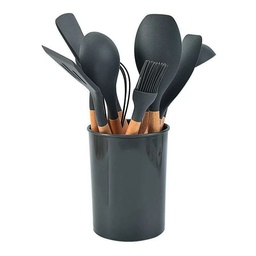 طقم توزيع سيليكون بيد خشب 12 قطعة بالحامل