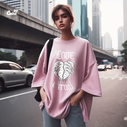 Love Eternal تيشيرت اوفر سايز قطن باللون البينك للنساء