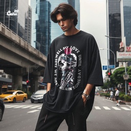 Farewell My Love تيشيرت اوفر سايز قطن باللون الاسود للرجال