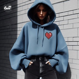 Pixel Heart هودي اوفر سايز قطن للنساء باللون البترولي