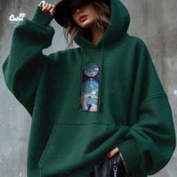 Blue Sky هودي اوفر سايز قطن للنساء باللون الاخضر