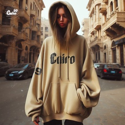 Cairo99 Embroidery هودي اوفر سايز قطن للنساء باللون البيج.