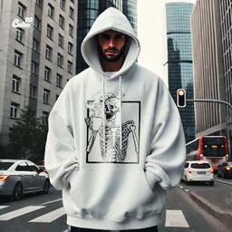 Chill Skeleton هودي اوفر سايز قطن للرجال باللون الأبيض