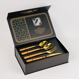 [HH00016225] طقم معالق وشوك وسكاكين ستاليس ستيل جولد بيد خشب - 24 قطعة